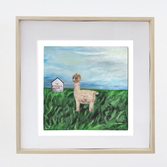 "Round the corner from the alpacas" Animal painting available as print