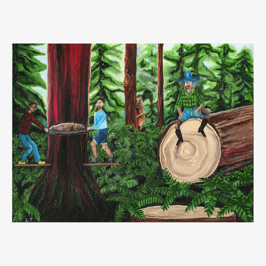 Illustration of people interacting with large trees in a forest setting